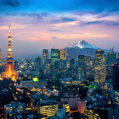 Aerial view of Tokyo cityscape with Fuji mountain in Japan.