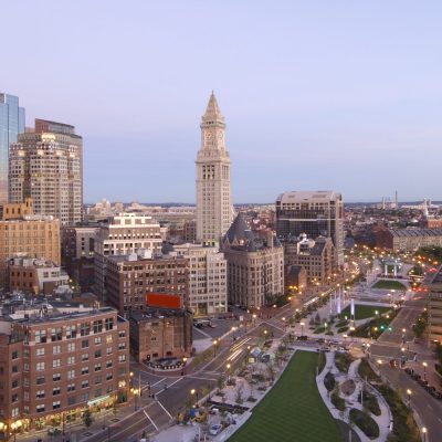 Boston at dawn with the new Greenway.